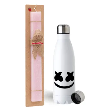 Marshmello, Easter Set, metallic stainless steel water bottle (750ml) & scented flat Easter candle (30cm) (PINK)