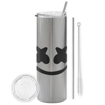 Marshmello, Tumbler ποτήρι θερμό Ασημένιο από ανοξείδωτο ατσάλι 600ml, με μεταλλικό καλαμάκι & βούρτσα καθαρισμού