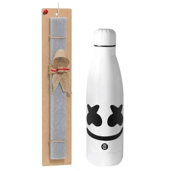 Marshmello, Easter Set, metallic stainless thermos bottle (500ml) & scented flat Easter candle (30cm) (GRAY)
