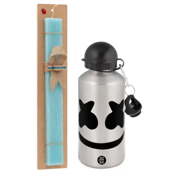 Marshmello, Easter Set, metallic silver aluminum water bottle (500ml) & scented flat Easter candle (30cm) (TURQUOISE)
