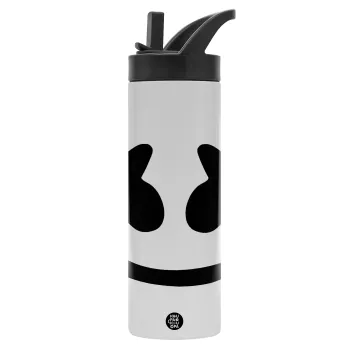 Marshmello, Μεταλλικό παγούρι θερμός με καλαμάκι & χειρολαβή, ανοξείδωτο ατσάλι (Stainless steel 304), διπλού τοιχώματος, 600ml