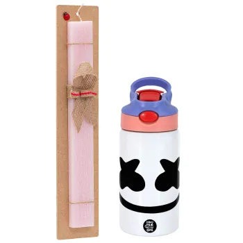 Marshmello, Πασχαλινή Λαμπάδα με Παιδικό παγούρι θερμό, ανοξείδωτο, με καλαμάκι ασφαλείας, ροζ/μωβ (350ml) & κερί αρωματικό πλακέ (30cm) (ΡΟΖ)