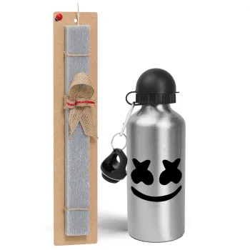 Marshmello, Easter Set, metallic silver aluminum water bottle (500ml) & aromatic flat Easter candle (30cm) (GRAY)