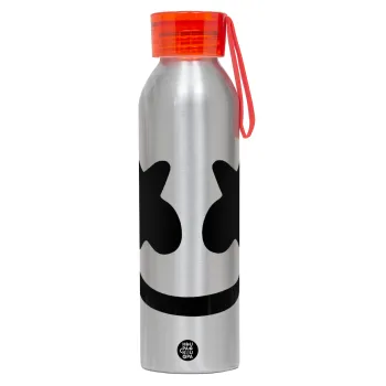 Marshmello, Aluminum Sports Bottle 650ml – Silver with Red Cap and Silicone Strap