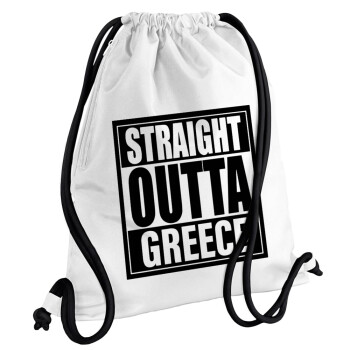 Straight Outta greece, Backpack pouch GYMBAG white, with pocket (40x48cm) & thick cords