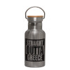 Stainless steel metallic thermos flask, silver with a bamboo lid, double-walled, 350ml.