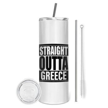 Straight Outta greece, Eco friendly ποτήρι θερμό (tumbler) από ανοξείδωτο ατσάλι 600ml, με μεταλλικό καλαμάκι & βούρτσα καθαρισμού