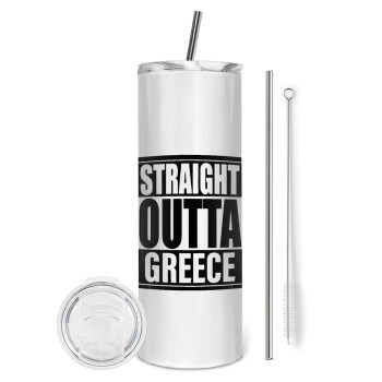 Straight Outta greece, Tumbler stainless steel 600ml, with metal straw & cleaning brush