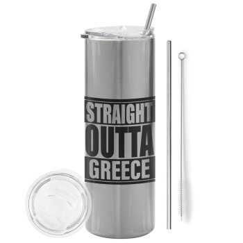 Straight Outta greece, Eco friendly ποτήρι θερμό Ασημένιο (tumbler) από ανοξείδωτο ατσάλι 600ml, με μεταλλικό καλαμάκι & βούρτσα καθαρισμού