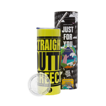 Straight Outta greece, Neon Yellow Travel Tumbler θερμό, μεταλλικό καλαμάκι(Ανωξείδωτο 304 Food grade, BPA free, 600ml)