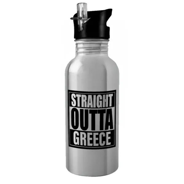 Straight Outta greece — Water bottle Silver with straw, stainless steel 600ml