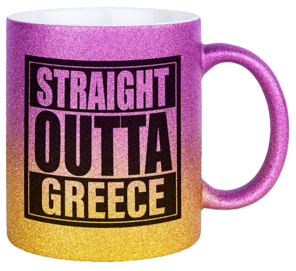 Straight Outta greece — Gold/pink glitter mug, ceramic, 330ml