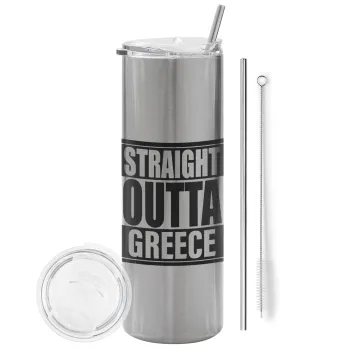 Straight Outta greece, Tumbler ποτήρι θερμό Ασημένιο από ανοξείδωτο ατσάλι 600ml, με μεταλλικό καλαμάκι & βούρτσα καθαρισμού