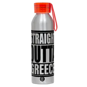 Straight Outta greece, Aluminum Sports Bottle 650ml – Silver with Red Cap and Silicone Strap