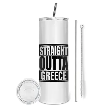 Straight Outta greece, Tumbler ποτήρι θερμό από ανοξείδωτο ατσάλι 600ml, με μεταλλικό καλαμάκι & βούρτσα καθαρισμού