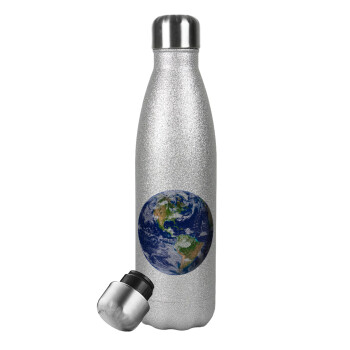 Planet Earth, Μεταλλικό παγούρι θερμός Glitter Aσημένιο (Stainless steel), διπλού τοιχώματος, 500ml
