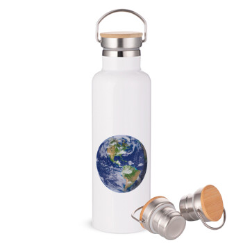 Planet Earth, Stainless steel White with wooden lid (bamboo), double wall, 750ml