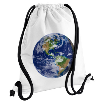 Planet Earth, Τσάντα πλάτης πουγκί GYMBAG λευκή, με τσέπη (40x48cm) & χονδρά κορδόνια