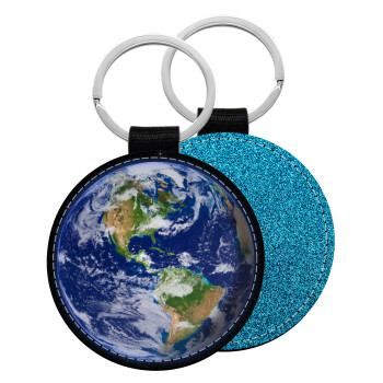 Planet Earth, Μπρελόκ Δερματίνη, στρογγυλό ΜΠΛΕ (5cm)