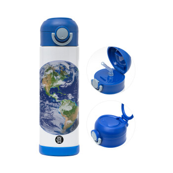 Planet Earth, Children's hot water bottle, stainless steel, with safety straw, BLUE (500ml)