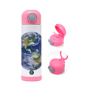 Planet Earth, Children's hot water bottle, stainless steel, with safety straw, PINK (500ml)