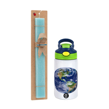 Planet Earth, Easter Set, Children's thermal stainless steel bottle with safety straw, green/blue (350ml) & aromatic flat Easter candle (30cm) (TURQUOISE)