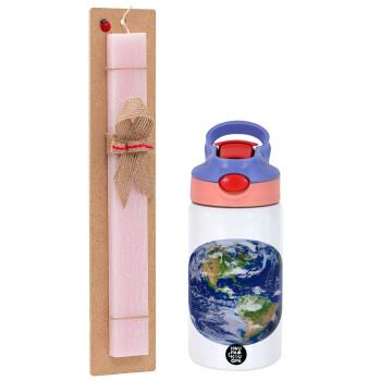 Planet Earth, Πασχαλινό Σετ, Παιδικό παγούρι θερμό, ανοξείδωτο, με καλαμάκι ασφαλείας, ροζ/μωβ (350ml) & πασχαλινή λαμπάδα αρωματική πλακέ (30cm) (ΡΟΖ)