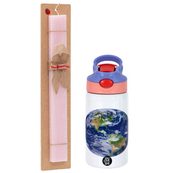 Planet Earth, Easter Set, Children's thermal stainless steel water bottle with safety straw, pink/purple (350ml) & Easter scented flat candle (30cm) (PINK)