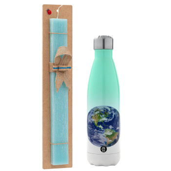 Planet Earth, Easter Set, Metallic green/white thermos (Stainless steel), double-walled, 500ml & scented flat Easter candle (30cm) (TURQUOISE)