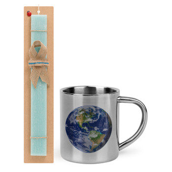 Planet Earth, Easter Set, metallic thermal cup (300ml) & aromatic flat Easter candle (30cm) (TURQUOISE)