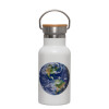 Metallic thermos (Stainless steel) White with wooden lid (bamboo), double-walled, 350ml