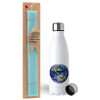 Easter Set, metallic stainless steel water bottle (750ml) & aromatic flat Easter candle (30cm) (TURQUOISE)