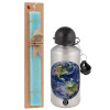 Easter Set, metallic silver aluminum water bottle (500ml) & scented flat Easter candle (30cm) (TURQUOISE)