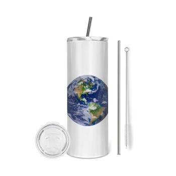 Planet Earth, Eco friendly ποτήρι θερμό (tumbler) από ανοξείδωτο ατσάλι 600ml, με μεταλλικό καλαμάκι & βούρτσα καθαρισμού