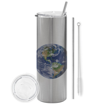 Planet Earth, Tumbler stainless steel Silver 600ml, with metal straw & cleaning brush