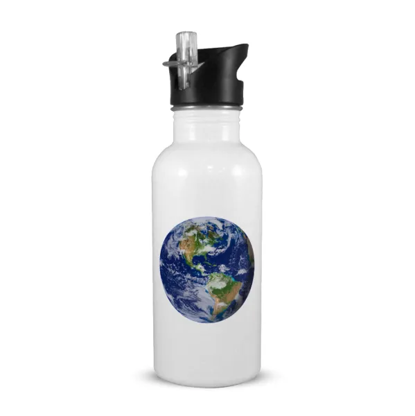 Planet Earth — White water bottle with straw, stainless steel 600ml