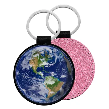 Planet Earth, Μπρελόκ Δερματίνη, στρογγυλό ΡΟΖ (5cm)