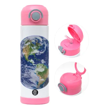 Planet Earth, Παιδικό παγούρι θερμό, ανοξείδωτο, με καλαμάκι ασφαλείας, ΡΟΖ (500ml)