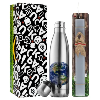 Planet Earth, Easter Set, metallic stainless thermos flask (500ml) & scented flat Easter candle (30cm) (GRAY)