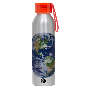 Planet Earth, Αλουμινένιο Αθλητικό Μπουκάλι 650ml – Ασημί με Κόκκινο Καπάκι και Λουράκι Σιλικόνης