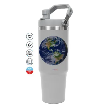 Planet Earth, GREY color, 890ml (30oz) stainless Steel Tumbler with Handle