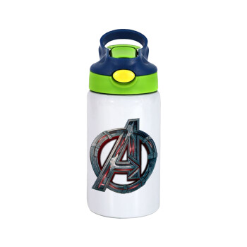 Avengers, Children's hot water bottle, stainless steel, with safety straw, green, blue (350ml)