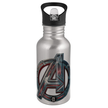 Avengers, Water bottle Silver with straw, stainless steel 500ml