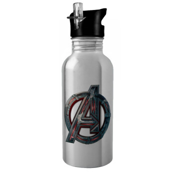 Avengers, Water bottle Silver with straw, stainless steel 600ml