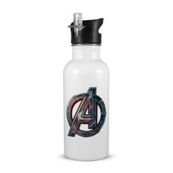 Avengers, White water bottle with straw, stainless steel 600ml