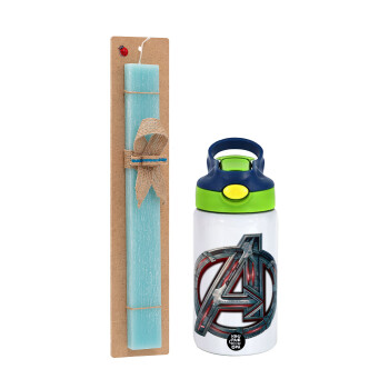 Avengers, Easter Set, Children's thermal stainless steel bottle with safety straw, green/blue (350ml) & aromatic flat Easter candle (30cm) (TURQUOISE)