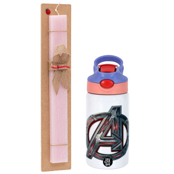 Avengers, Πασχαλινή Λαμπάδα με Παιδικό παγούρι θερμό, ανοξείδωτο, με καλαμάκι ασφαλείας, ροζ/μωβ (350ml) & κερί αρωματικό πλακέ (30cm) (ΡΟΖ)