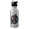 Water bottle Silver with straw, stainless steel 600ml