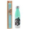 Easter Set, Metallic green/white thermos (Stainless steel), double-walled, 500ml & scented flat Easter candle (30cm) (TURQUOISE)