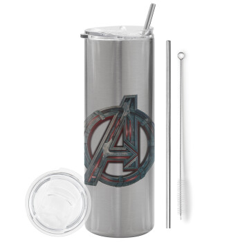 Avengers, Tumbler stainless steel Silver 600ml, with metal straw & cleaning brush
